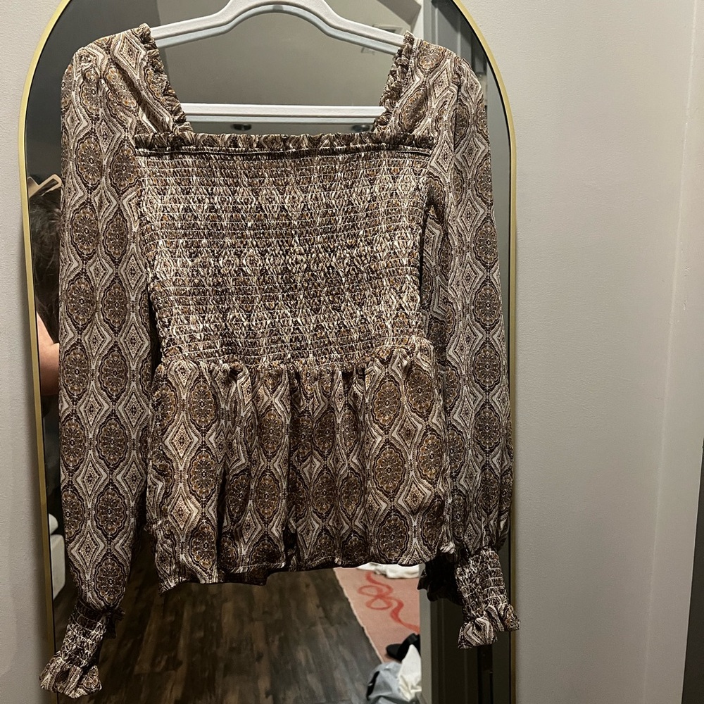 Patterned Brown Smocked Women's Blouse